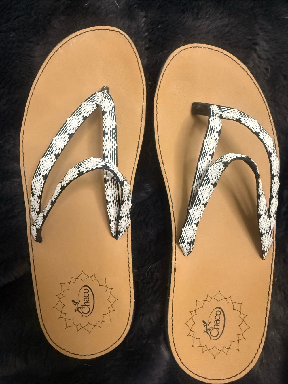 Chaco Women's Tan Footbed Sandals with Black & White Straps